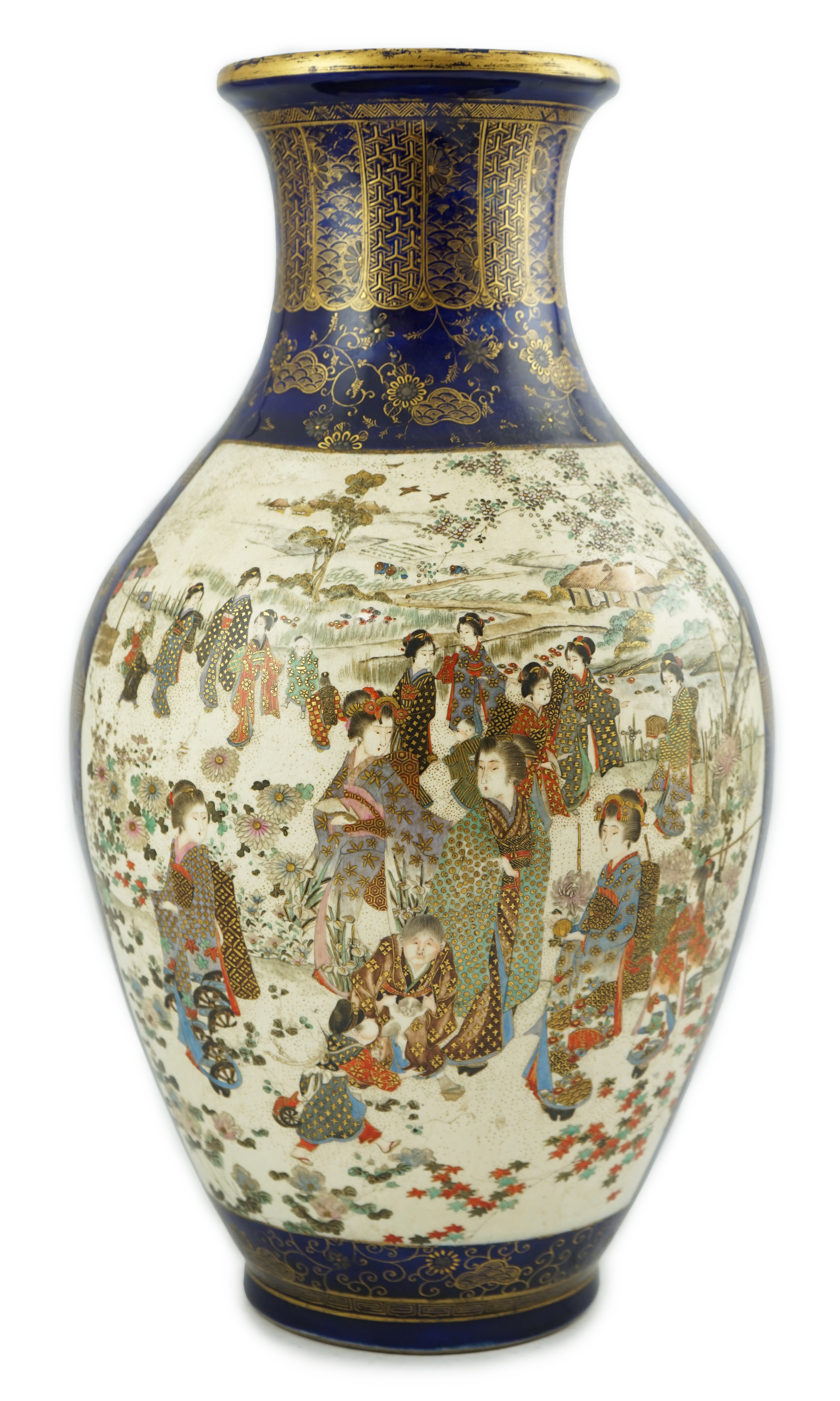 A large Japanese Satsuma blue ground vase, by Kozan, Meiji period